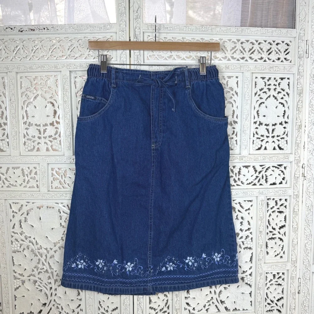 Vtg Dark Wash Denim Embroidered Skirt Tie Waist Womens S/M Granny‎ Cottage Retro